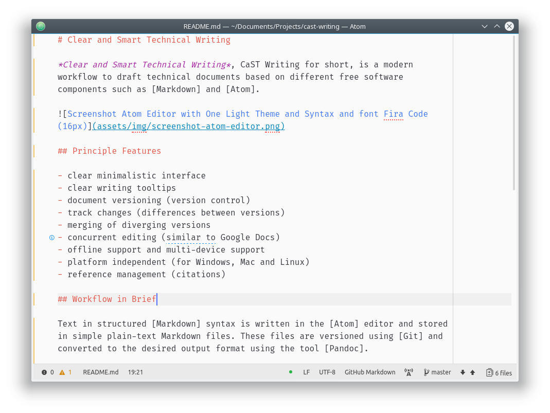 Screenshot Atom Editor with One Light Theme and Syntax and font Fira Code (16px)